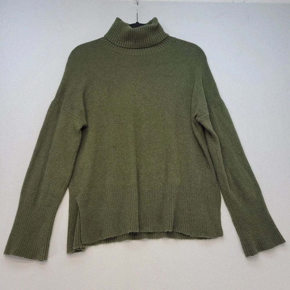 J.Crew Turtleneck Sweater Women XS Green Merino Wool‎ Alpaca Blend Side Slit